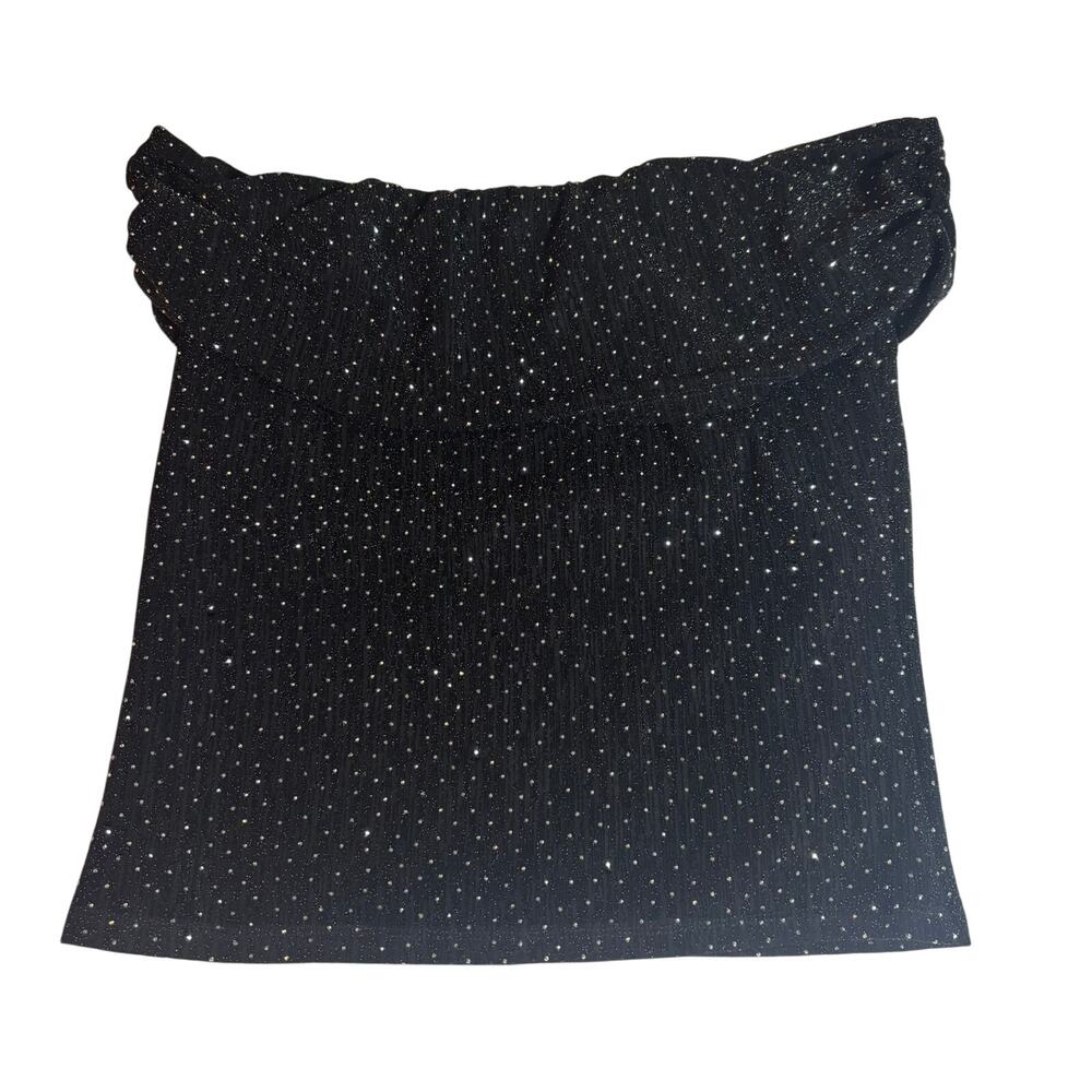 VICI Black Silver Glitter Off Shoulder Smocked Top Large Party Holiday Sparkle